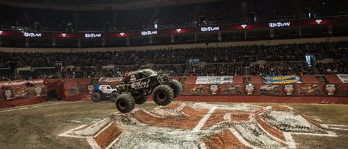 The Maple Leaf Monster Jam Tour roared into the final day at the MTS Centre Sunday afternoon, continuing on it's Canadian Tour in Edmonton next weekend. Iron Outlaw leaps over the track during the show. 160131 - Sunday, January 31, 2016 -  MIKE DEAL / WINNIPEG FREE PRESS