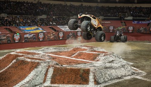 The Maple Leaf Monster Jam Tour roared into the final day at the MTS Centre Sunday afternoon, continuing on it's Canadian Tour in Edmonton next weekend. Monster Mutt leaps over the track during the show. 160131 - Sunday, January 31, 2016 -  MIKE DEAL / WINNIPEG FREE PRESS