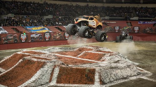 The Maple Leaf Monster Jam Tour roared into the final day at the MTS Centre Sunday afternoon, continuing on it's Canadian Tour in Edmonton next weekend. Monster Mutt leaps over the track during the show. 160131 - Sunday, January 31, 2016 -  MIKE DEAL / WINNIPEG FREE PRESS