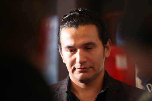 A quint moment for Wab Kinew after he announces he will seek Fort Rouge NDP nomination with and party leader, Greg Selinger at Gas Station Arts Centre Tuesday.      February 2, 2016 Ruth Bonneville / Winnipeg Free Press