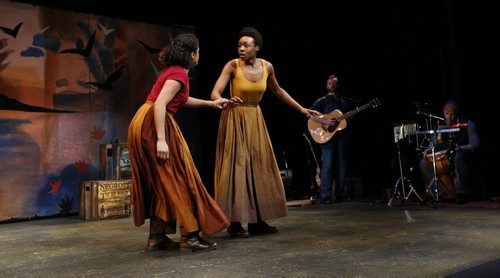 Actors Gabrielle Graham,right, and Reanna Joseph in a scene form The Power of Harriet T, a play about Harriet Tubmans life story. The musicians are Tom Keenan and Isaac Gutiwilik at far right. The play at the Manitoba Theatre for Young People is in celebration of Black History Month. Randall King story Wayne Glowacki / Winnipeg Free Press Feb.2 2016