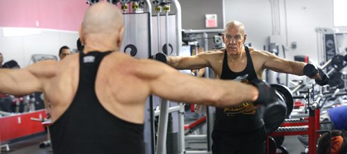 Steve Van Vlaenderen, a 67-year-old bodybuilder who only began working out roughly three years ago. He is working out by a mirror with dumbbells out at McDoles Gym. He placed second in last years bodybuilding competition here in Manitoba in the Masters category. Scott Billeck story Wayne Glowacki / Winnipeg Free Press Feb.3 2016