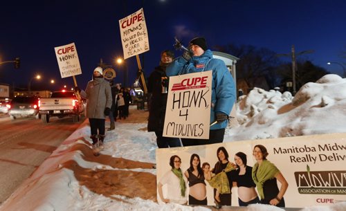 About 20 Midwives and supporters held an info picket Thursday morning outside the Birth Centre on St. Marys Road in an effort to raise awareness that wages for midwives in Manitoba continues to fall behind other provinces. The current collective agreement expired on March 31, 2014.Wayne Glowacki / Winnipeg Free Press Feb.4 2016