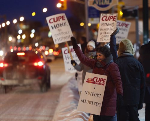 About 20 Midwives and supporters held an info picket Thursday morning outside the Birth Centre on St. Marys Road in an effort to raise awareness that wages for midwives in Manitoba continues to fall behind other provinces. The current collective agreement expired on March 31, 2014.Wayne Glowacki / Winnipeg Free Press Feb.4 2016