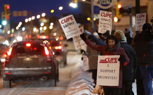 About 20 Midwives and supporters held an info picket Thursday morning outside the Birth Centre on St. Marys Road in an effort to raise awareness that wages for midwives in Manitoba continues to fall behind other provinces. The current collective agreement expired on March 31, 2014.Wayne Glowacki / Winnipeg Free Press Feb.4 2016