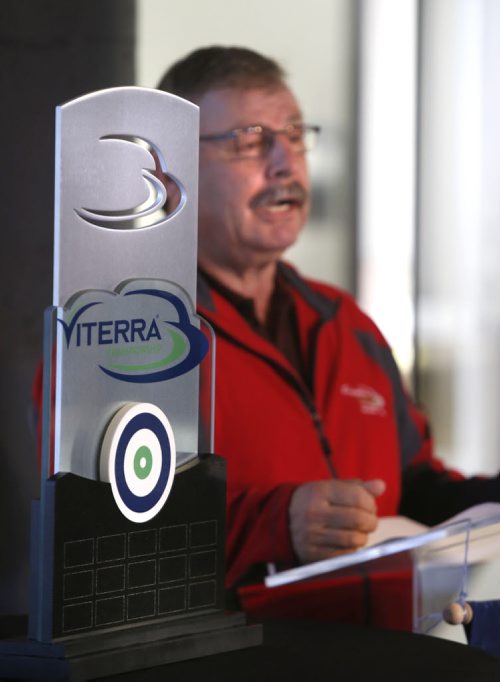 Garry Dola , Chair, Selkirk Host Commitee by the Viterra Championship trophy at the  Seeding News Conference held at the Manitoba Sports Hall of Fame Thursday. The  full draw was  announced for the 2016 Viterra Championship, being held February 10-14, at the Selkirk Recreation Complex in Selkirk,Mb.  Paul Wiecek  story Wayne Glowacki / Winnipeg Free Press Feb.4 2016