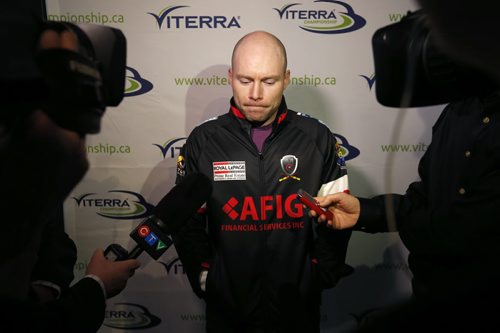 B.J. Neufeld, third on Team McEwen talks with media at the 2016 Viterra Championship Seeding News Conference held at the Manitoba Sports Hall of Fame Thursday. The  full draw was  announced for the 2016 Viterra Championship, being held February 10-14, at the Selkirk Recreation Complex in Selkirk,Mb.  Paul Wiecek  story Wayne Glowacki / Winnipeg Free Press Feb.4 2016