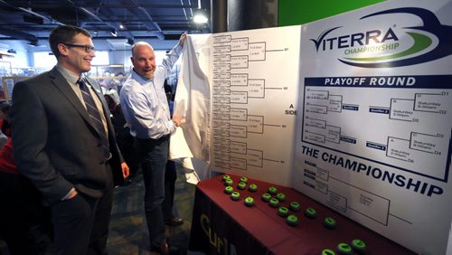 At right, Kent Klimpke, Regional Manger for Viterra with Craig Baker, Executive Director, Curl Manitoba unveils the opening draws at the 2016 Viterra Championship Seeding News Conference  held at the Manitoba Sports Hall of Fame Thursday. The  full draw was announced for the 2016 Viterra Championship, being held February 10-14, at the Selkirk Recreation Complex in Selkirk,Mb.  Paul Wiecek  story Wayne Glowacki / Winnipeg Free Press Feb.4 2016