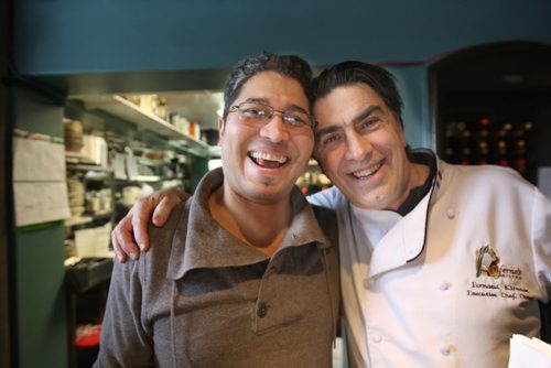 In Fernos Bistro- 312 Des Meurons St- owner Fern Kirouac, right, with his manager Juan Portillo -See David Sanderson This City Feature  Feb 04, 2016   (JOE BRYKSA / WINNIPEG FREE PRESS)
