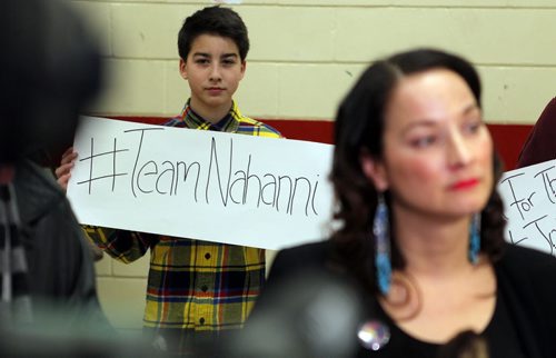 Nahanni Fontaine announced she will seek the nomination for NDP in St. Johns, a nomination left open with exit of Gord Mackintosh. She is a well known public figure and special adviser on aboriginal women's issues for the province. In this photo is her son wearing plaid holding a support sign. Event took place at Ralph Brown Community Centre, 460 Andrews St. . Niniichaanis Fontaine holds a sign in support for her mum's bid to run for the NDP. BORIS MINKEVICH / WINNIPEG FREE PRESS February 5, 2016