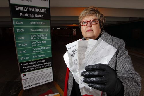 Dialysis patient Diane Marshall from East Selkirk says she is being forced to pay $48 a week for parking to receive dialysis three times a week at Health Sciences Centre. She paid $140 before Christmas for a 20-use pass but its not working because of a computer glitch the HSC has not been able to fix. Photo taken at the bottom entrance to the Emily Street parkade.  BORIS MINKEVICH / WINNIPEG FREE PRESS February 5, 2016