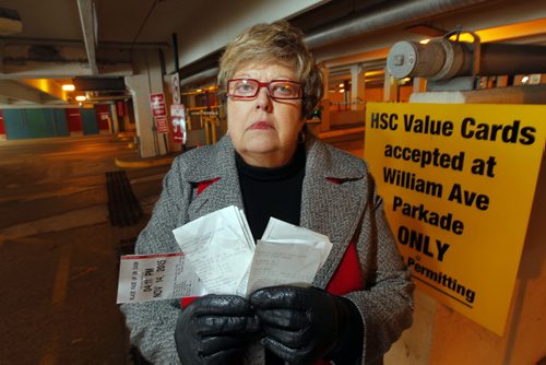Dialysis patient Diane Marshall from East Selkirk says she is being forced to pay $48 a week for parking to receive dialysis three times a week at Health Sciences Centre. She paid $140 before Christmas for a 20-use pass but its not working because of a computer glitch the HSC has not been able to fix. Photo taken at the bottom entrance to the Emily Street parkade.  BORIS MINKEVICH / WINNIPEG FREE PRESS February 5, 2016