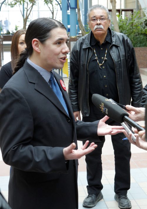 A public protest at Portage Place earlier over security guards who ordered a Dene elder to leave the mall is expected to be addressed by the local MP Friday afternoon. Winnipeg Centre MP Robert-Falcon Ouellette made a statement about "inclusive downtown spaces" in the Centre Court today. Joseph Meconse, 74, (in photo tall guy with moustache and wearing a bead necklace) was kicked out of the Portage Place Mall's food court for loitering last Friday. The Sayisi Dene elder, military veteran and Order of Manitoba recipient hasn't let the issue keep him away from his usual spot in the food court. BORIS MINKEVICH / WINNIPEG FREE PRESS February 5, 2016