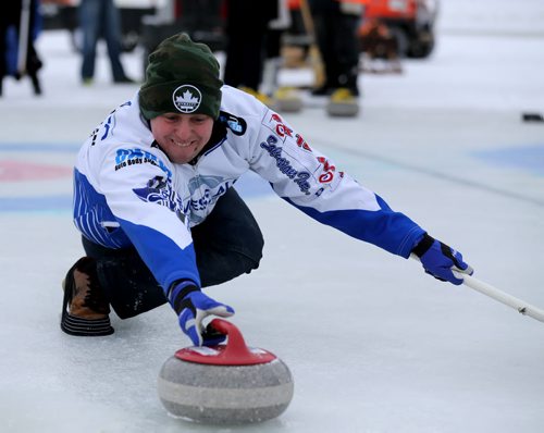 Colin Hodgson from Team Carruthers participates in the media challenge prior to the Ironman Outdoor Curling Bonspiel at The Forks, Friday, February 5, 2016. (TREVOR HAGAN/WINNIPEG FREE PRESS)