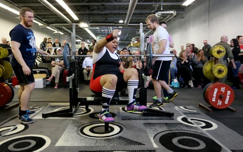 Alyssa Amanda Burg celebrates after completing her attempt during the bench press at the Manitoba Powerlifting Association event at the Brickhouse Gym, Saturday, February 6, 2016. The event was 3 events, bench press, squat and deadlift. (TREVOR HAGAN/WINNIPEG FREE PRESS)