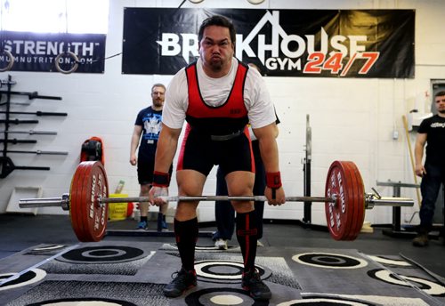 Mark Colley competes in the deadlift discipline during the Manitoba Powerlifting Association event at the Brickhouse Gym, Saturday, February 6, 2016. The event was 3 events, bench press, squat and deadlift. (TREVOR HAGAN/WINNIPEG FREE PRESS)