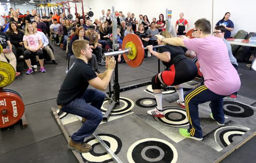 A competitor in the squat during the Manitoba Powerlifting Association event at the Brickhouse Gym, Saturday, February 6, 2016. The event was 3 events, bench press, squat and deadlift. (TREVOR HAGAN/WINNIPEG FREE PRESS)