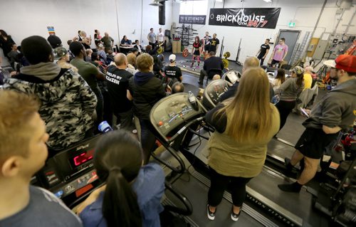 A competitor in the dead lift during the Manitoba Powerlifting Association event at the Brickhouse Gym, Saturday, February 6, 2016. The event was 3 events, bench press, squat and deadlift. (TREVOR HAGAN/WINNIPEG FREE PRESS)