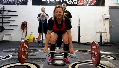 Margo Morberg Berry competes in the dead lift during the Manitoba Powerlifting Association event at the Brickhouse Gym, Saturday, February 6, 2016. The event was 3 events, bench press, squat and deadlift. (TREVOR HAGAN/WINNIPEG FREE PRESS)