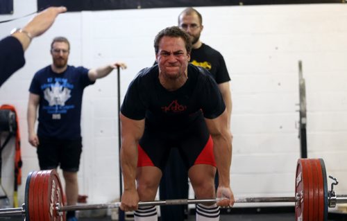 Oladele Akano competes in the dead lift during the Manitoba Powerlifting Association event at the Brickhouse Gym, Saturday, February 6, 2016. The event was 3 events, bench press, squat and deadlift. (TREVOR HAGAN/WINNIPEG FREE PRESS)