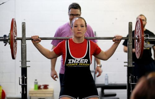 A competitor in the squat during the Manitoba Powerlifting Association event at the Brickhouse Gym, Saturday, February 6, 2016. The event was 3 events, bench press, squat and deadlift. (TREVOR HAGAN/WINNIPEG FREE PRESS)