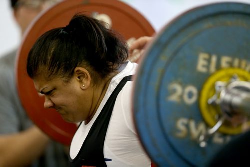 Alyssa Amanda Burg competes in the squat during the Manitoba Powerlifting Association event at the Brickhouse Gym, Saturday, February 6, 2016. The event was 3 events, bench press, squat and deadlift. (TREVOR HAGAN/WINNIPEG FREE PRESS)