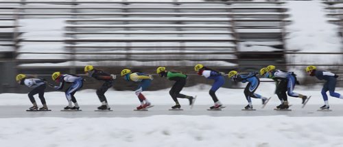 Competitors take part in the mass start race during Speed Skating Canadas National Junior Long Track Championships at the Susan Auch Oval Sunday afternoon.  160207 February 7, 2016 Mike Deal / Winnipeg Free Press