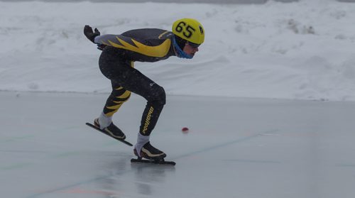 Manitoba speed skater, Langelaar Tyson (65) competes in the mass start race during Speed Skating Canada's National Junior Long Track Championships at the Susan Auch Oval Sunday afternoon. 160207 - Sunday, February 7, 2016 -  MIKE DEAL / WINNIPEG FREE PRESS