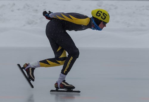 Manitoba speed skater, Langelaar Tyson (65) competes in the mass start race during Speed Skating Canada's National Junior Long Track Championships at the Susan Auch Oval Sunday afternoon. 160207 - Sunday, February 7, 2016 -  MIKE DEAL / WINNIPEG FREE PRESS