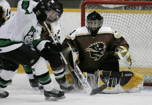 John Woods / Winnipeg Free Press / February 15, 2008 - 080215  - U of Manitoba Bison Erica Holmes (5) and Stacey Corfield (31) keep their eyes on the puck as U of Saskatchewan Huskies Shaye Christiansen (21) charges the net in their game in Winnipeg, Friday, February 15, 2008.