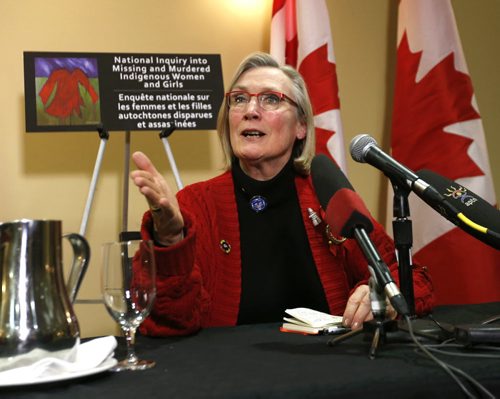 Carolyn Bennett, Minister of Indigenous and Northern Affairs at media conference in Winnipeg Monday to discuss the meeting with family members and loved ones of Missing and Murdered Indigenous Women and Girls. Mary Agnes Welch story Wayne Glowacki / Winnipeg Free Press Feb.8 2016