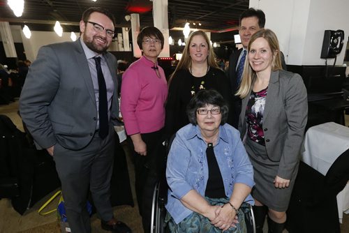 February 8, 2016 - 160208  -  SMD major sponsor Taylor McCaffrey representatives (from left) Ryan Turner, Bonny Gee, Nicole Merrick, Remo Desordi, Katherine Bayer and Mea Ramm at the SMD Foundation Attire to Aspire fashion show fundraiser at the Assiniboia Downs Monday, February 8, 2016.  John Woods / Winnipeg Free Press