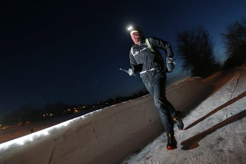 February 9, 2016 - 160209  -  Alain Dupuis, an ultra marathoner, will be competing in the Actif Epica on Saturday is photographed as he runs along the Red River Tuesday, February 9, 2016. The race is a gruelling 125 km run along parts of the Trans Canada Trail through rough terrain and outdoors in the cold.   John Woods / Winnipeg Free Press