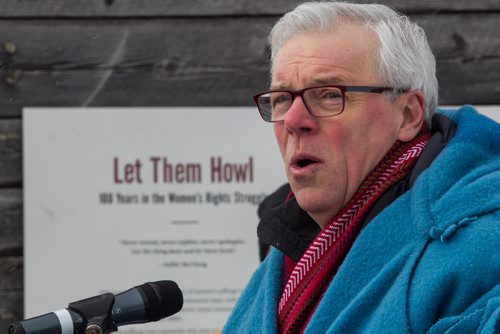 Mike Deal / Winnipeg Free Press Premier Greg Selinger and other officials were invited to check out the grounds of the Festival du Voyageur the day before it's official opening and to have a look at the outdoor exhibition curated by the CMHR, Let Them Howl: 100 Years in the Women's Rights Struggle. 160211 - Thursday, February 11, 2016