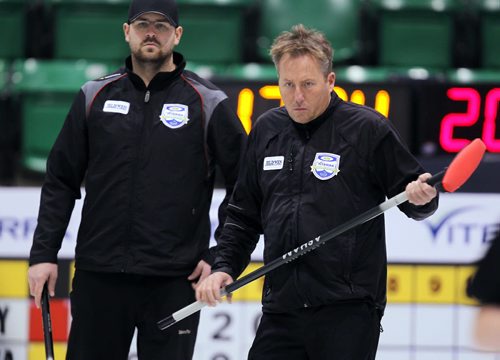 SPORTS - CURLING - SELKIRK, MB - Viterra Championship - Feb 10th-14th @ Selkirk Rec Complex. L-R Jared Kolomaya and Scott Ramsay. BORIS MINKEVICH / WINNIPEG FREE PRESS February 11, 2016