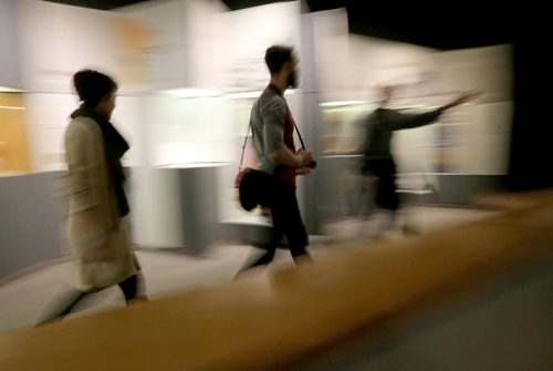 From right, Dave Benson leads Sam Giesbrecht and Darcee Lytwyn during Safari Night at the Manitoba Museum, where people were taking guided tours with photography tips, Thursday, February 11, 2016. (TREVOR HAGAN/WINNIPEG FREE PRESS)