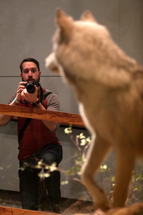 Sam Giesbrecht getting photography tips from Dave Benson during Safari Night at the Manitoba Museum, where people were taking guided tours with photography tips, Thursday, February 11, 2016. (TREVOR HAGAN/WINNIPEG FREE PRESS)