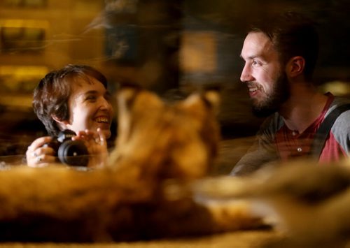 Darcee Lytwyn and Sam Giesbrecht during Safari Night at the Manitoba Museum, where people were taking guided tours with photography tips, Thursday, February 11, 2016. (TREVOR HAGAN/WINNIPEG FREE PRESS)