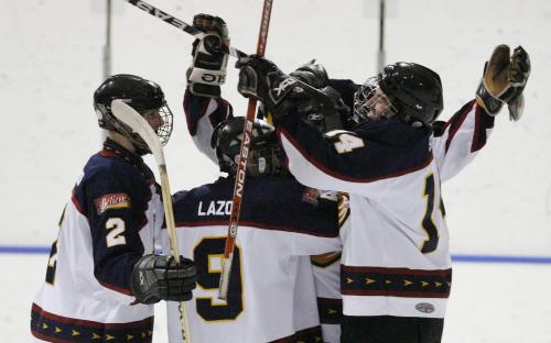 John Woods / Winnipeg Free Press / February 17, 2008 - 080217 - Winnipeg Thrashers Jesse Hall (22)(b/g), Mark Stone (14), Robby Lazo (9), Mathew Bodie (2) celebrate Hall's goal in the third period against the Eastman Selects in Midget AAA hockey action at Gateway Arena Sunday February 17, 2008.   The Thrashers defeated the Selects ending the season with a perfect 40-0 record.