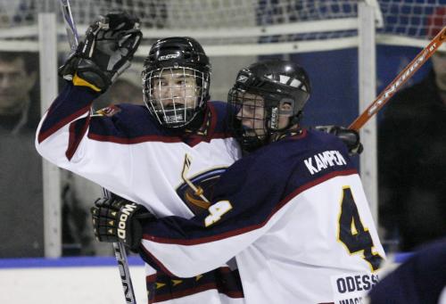 John Woods / Winnipeg Free Press / February 17, 2008 - 080217 - Winnipeg Thrashers Mark Stone (14) and Alex Kampen (4) celebrate Stone's goal, the Thrashers third in the second period against the Eastman Selects in Midget AAA hockey action at Gateway Arena Sunday February 17, 2008.   The Thrashers defeated the Selects ending the season with a perfect 40-0 record.