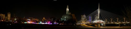 The Great Ice Show at The Forks, the Canadian Museum for Human Rights, Esplanade Riel and downtown, in a 7 image panorama, Friday, February 12, 2016. (TREVOR HAGAN/WINNIPEG FREE PRESS)