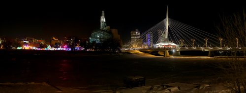 The Great Ice Show at The Forks, the Canadian Museum for Human Rights, Esplanade Riel and downtown, in 10+ image panorama, Friday, February 12, 2016. (TREVOR HAGAN/WINNIPEG FREE PRESS)