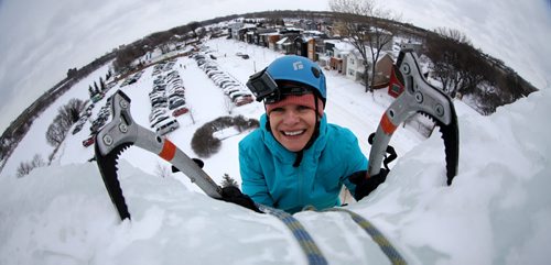 Yuliya Voronkova conquers the ice tower at Club D'Escalade de St-Boniface near the Festival du Voyageur park, Sunday, February 14, 2016. (TREVOR HAGAN/WINNIPEG FREE PRESS)