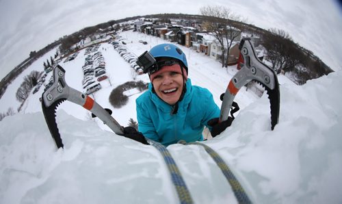 Yuliya Voronkova conquers the ice tower at Club D'Escalade de St-Boniface near the Festival du Voyageur park, Sunday, February 14, 2016. (TREVOR HAGAN/WINNIPEG FREE PRESS)