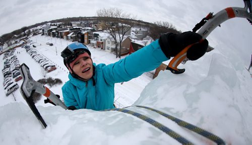 Yuliya Voronkova conquers the ice tower at Club D'Escalade de St-Boniface near the Festival du Voyageur park, Sunday, February 14, 2016. (TREVOR HAGAN/WINNIPEG FREE PRESS)