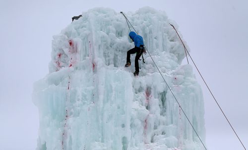 A climber on the ice tower at Club D'Escalade de St-Boniface near the Festival du Voyageur park, Sunday, February 14, 2016. (TREVOR HAGAN/WINNIPEG FREE PRESS)