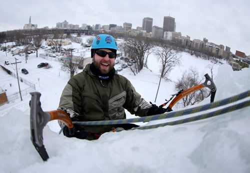 Tony Torka climbs the ice tower at Club D'Escalade de St-Boniface near the Festival du Voyageur park, Sunday, February 14, 2016. (TREVOR HAGAN/WINNIPEG FREE PRESS)