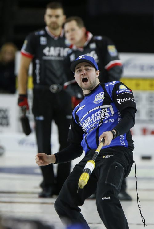 February 14, 2016 - 160214  -  Matt Dunstone reacts to his shot in the 7th end against Mike McEwen at the 2016 mens provincial championships in Selkirk Sunday, February 14, 2016. John Woods / Winnipeg Free Press