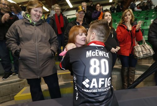 February 14, 2016 - 160214  -  Mike McEwen is congratulated by wife Dawn and his daughter Vienna after defeating Matt Dunstone at the 2016 mens provincial championships in Selkirk Sunday, February 14, 2016. John Woods / Winnipeg Free Press
