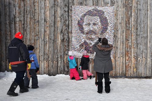 MIKE DEAL / WINNIPEG FREE PRESS The Louis Riel Family Mosaic hangs on the wall of Fort Gibraltar. Created by photos sent to the Festival by the general public the giant Louis Riel Family Mosaic was unveiled on Louis Day 160215 February 15, 2016